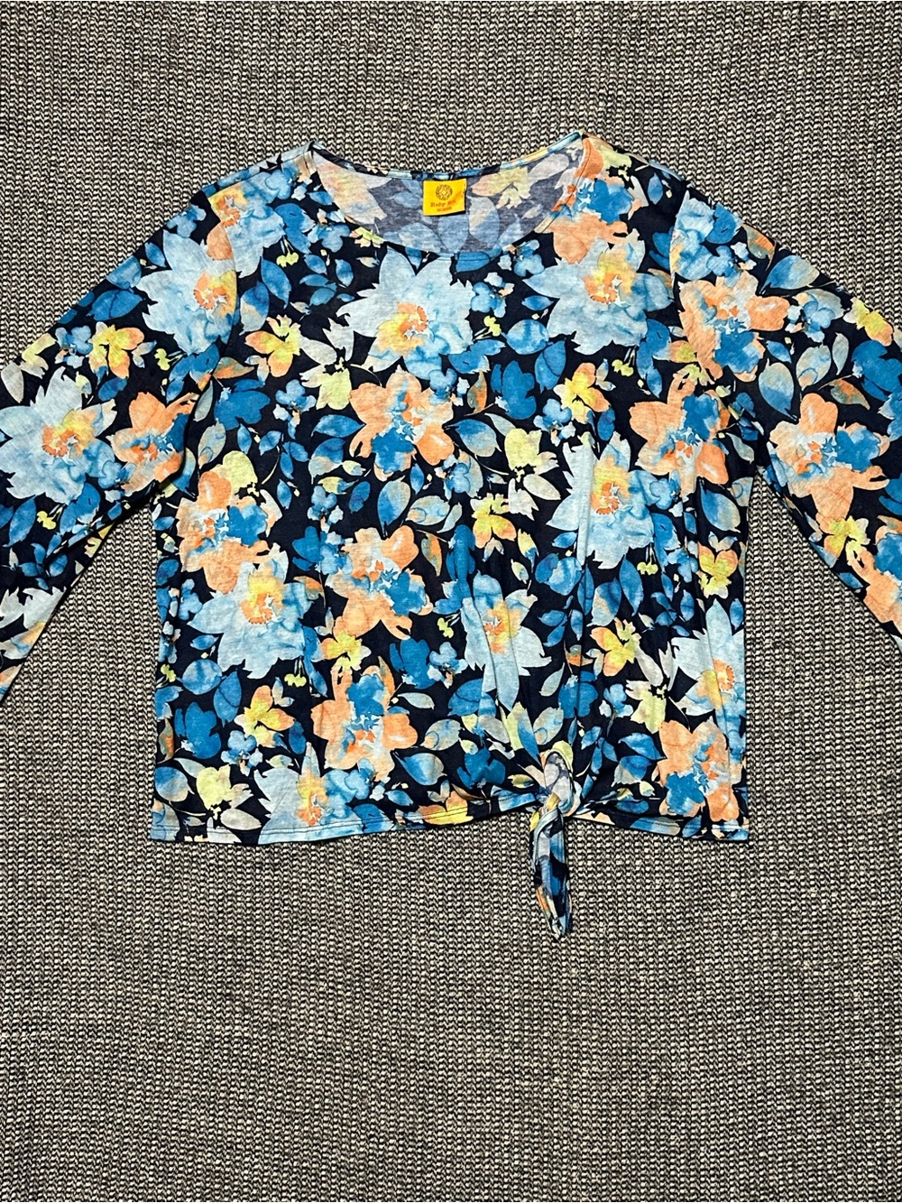 Floral Tie-Front Long Sleeve Top - Navy Blue